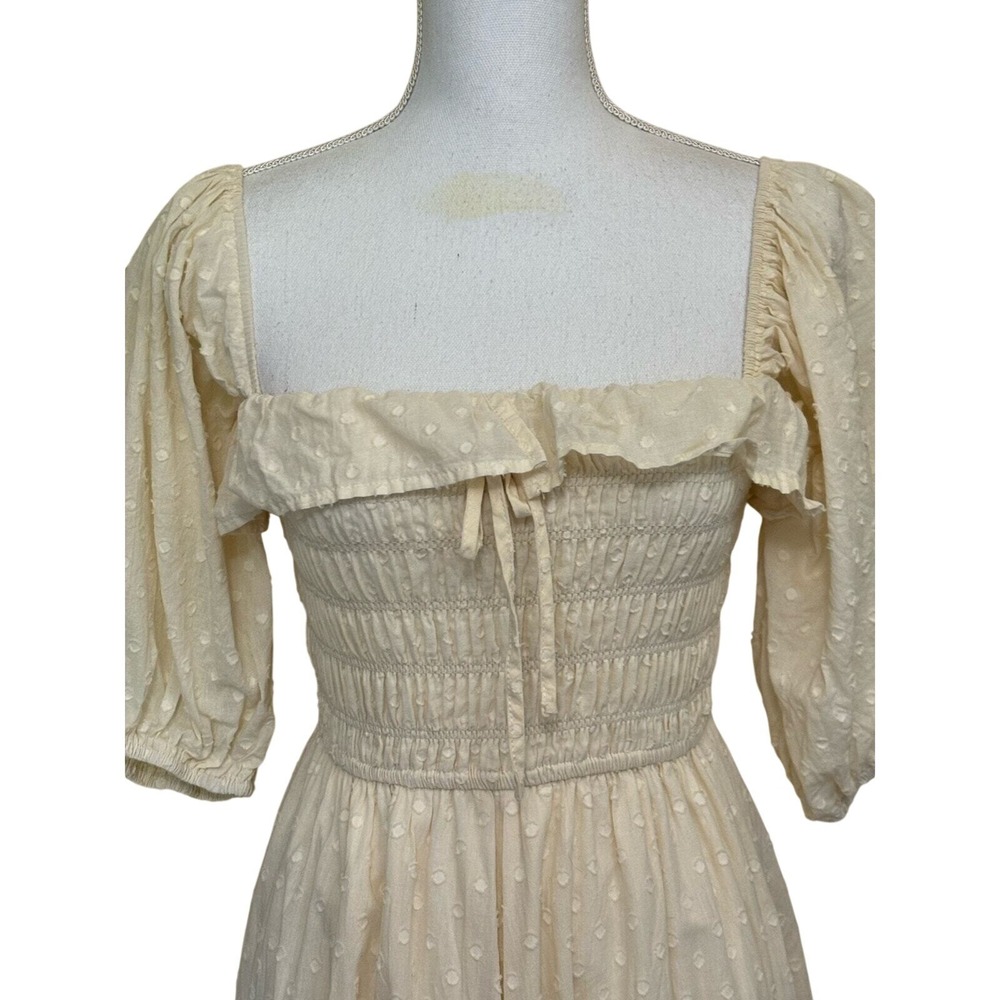 R. Vivimos Cream Swiss Dot Smocked Puff Sleeve Midi Dress Cottagecore Small - Picture 4 of 6